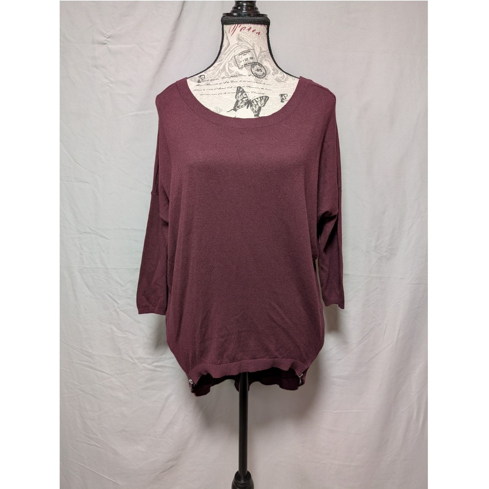 Express Burgundy High Low 3/4 Sleeve Cotton Sweater Side Zipper New Women's XS